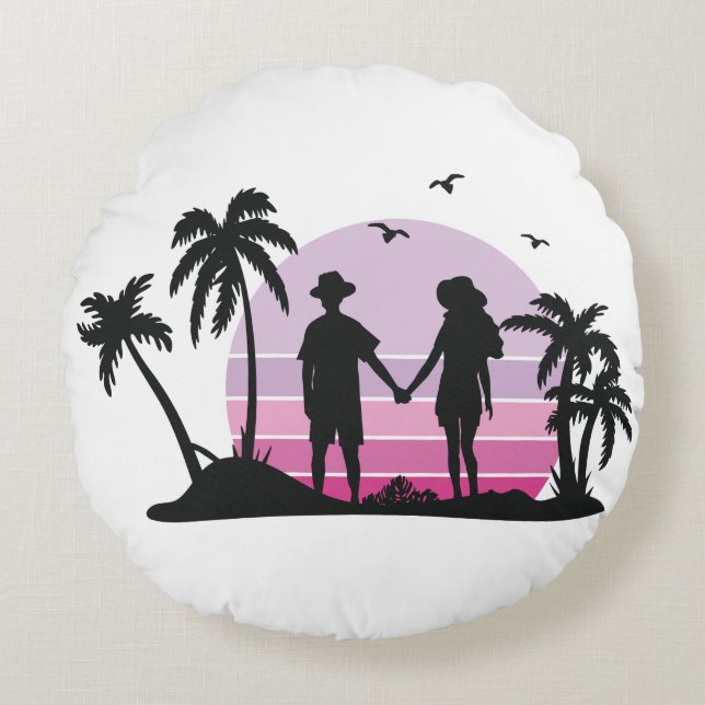 Couple Holding Hands at Sunset Round Cushion (Front)