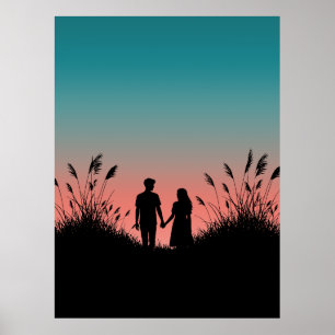 Couple Holding Hands Sunset Grass Field Poster