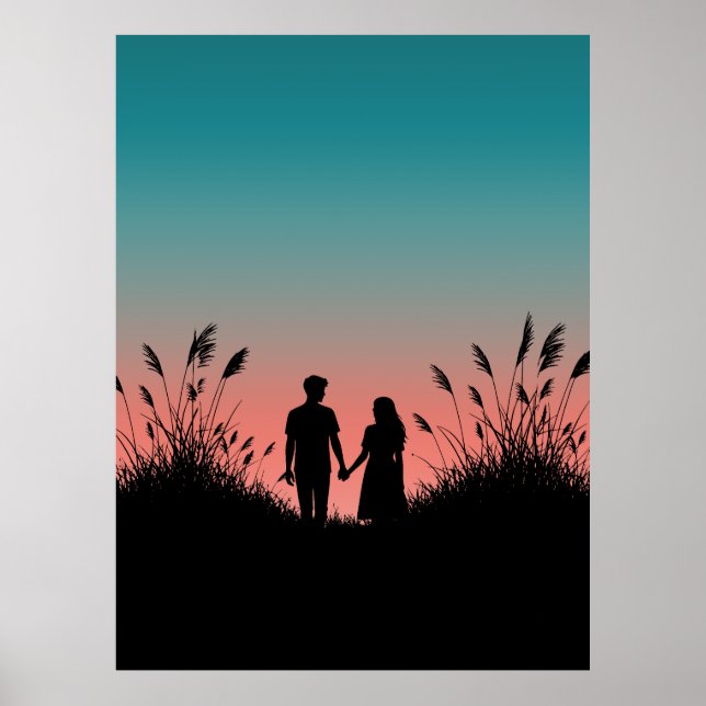 Couple Holding Hands Sunset Grass Field Poster (Front)