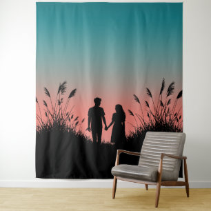 Couple Holding Hands Sunset Grass Field Tapestry