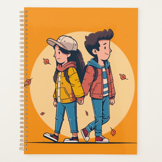 Couple holding hands walking together in fall planner (Front)