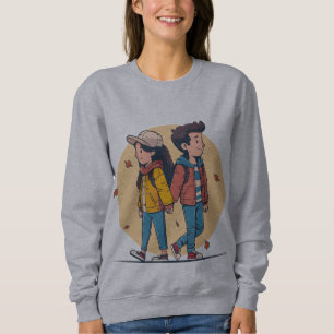 Couple holding hands walking together in fall sweatshirt