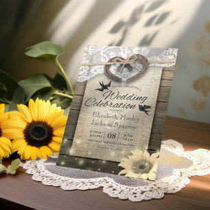 Couple Horseshoe Heart Lace Wood Sunflower Wedding Invitation