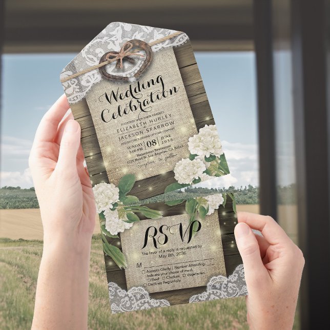 Couple Horseshoes Lace Wood Hydrangea Wedding RSVP All In One Invitation (Creator Uploaded)