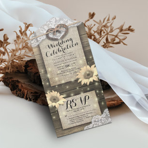 Couple Horseshoes Lace Wood Sunflower Wedding RSVP All In One Invitation