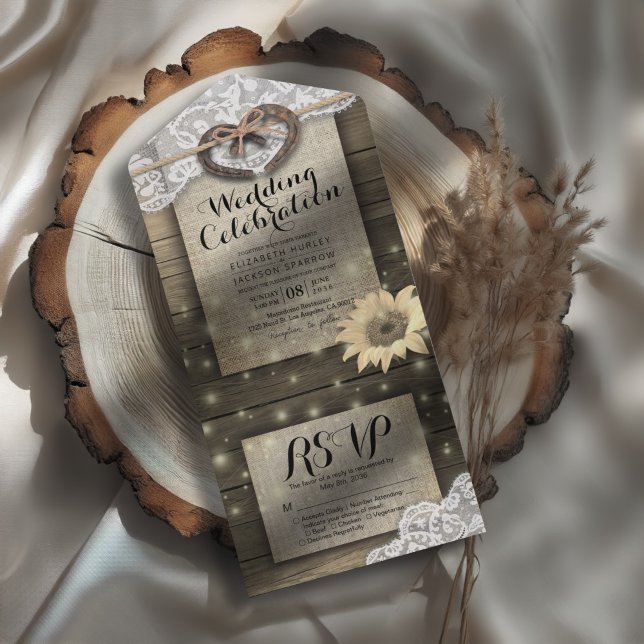 Couple Horseshoes Lace Wood Sunflower Wedding RSVP All In One Invitation (Creator Uploaded)