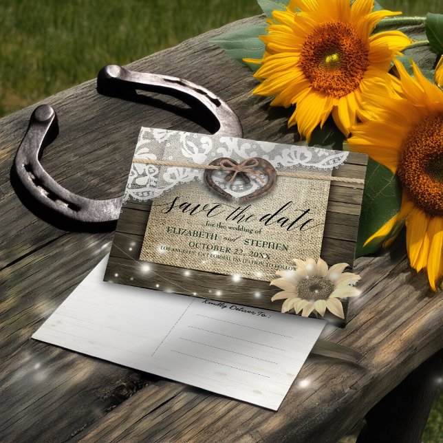 Couple Horseshoes Sunflower Wood Wedding Save Date Postcard (Creator Uploaded)