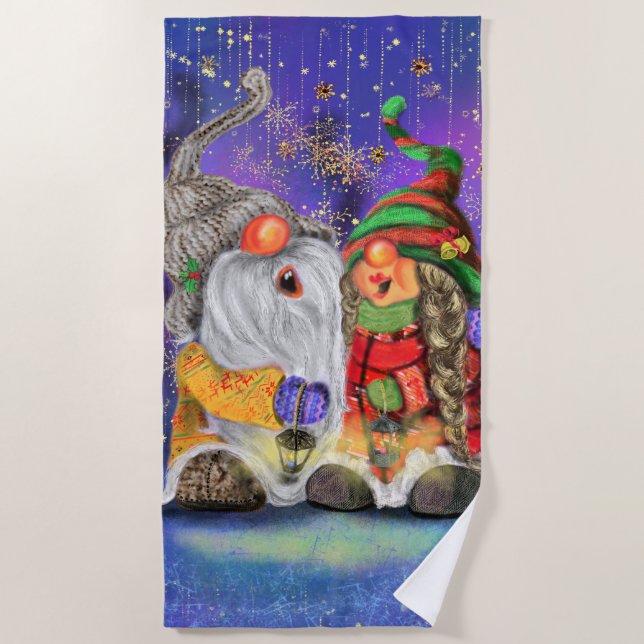 Couple Hugged Gnomes Singing Happy Christmas Song  Beach Towel (Front)