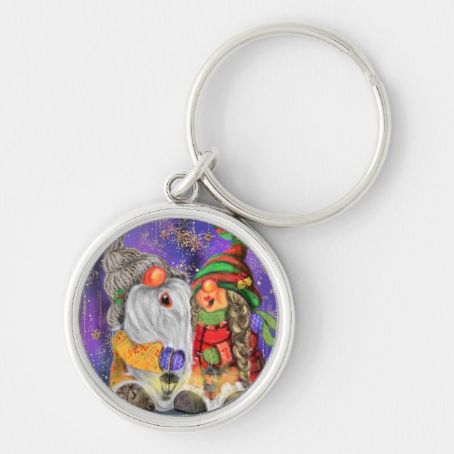 Couple Hugged Gnomes Singing Happy Christmas Song Key Ring (Front)