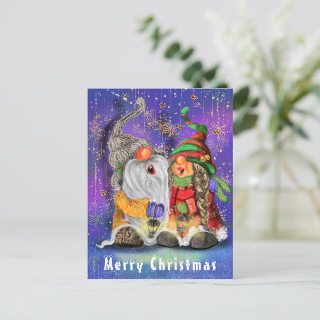 Couple Hugged Gnomes Singing Happy Christmas Song  Postcard (Standing Front)