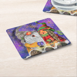 Couple Hugged Gnomes Singing Happy Christmas Song  Square Paper Coaster