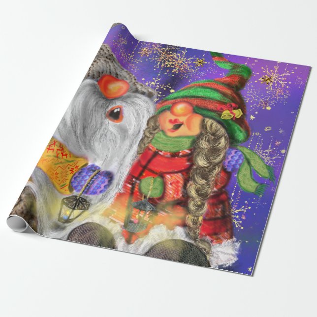 Couple Hugged Gnomes Singing Happy Christmas Song  Wrapping Paper (Unrolled)