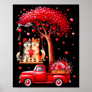 Couple Huskies Valentine Hearts Tree Pickup Truck Poster