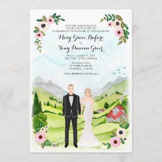 Couple Illustrated Portrait Rustic Wedding Invitation
