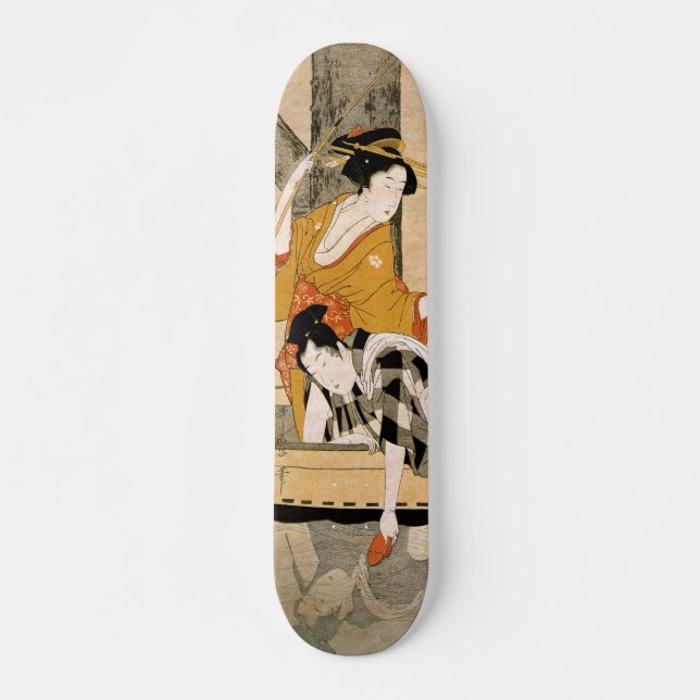 Couple in boat under the bridge japanese ukiyo-e skateboard (Front)