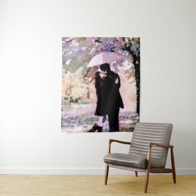 Couple in Love Kissing In The Rain Abstract Art Tapestry (In Situ)