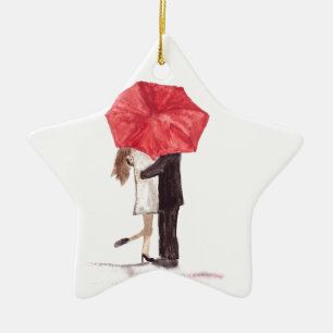 Couple in love under red umbrella ceramic tree decoration