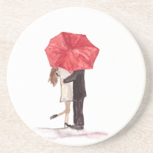Couple in love under red umbrella coaster