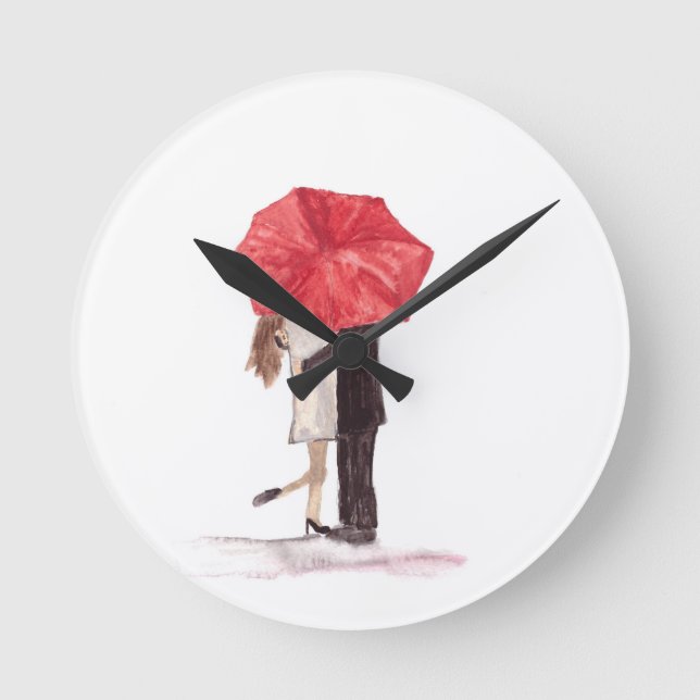 Couple in love under red umbrella round clock (Front)