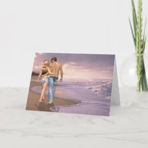 Couple in Love Walking on Beach into the Sunset Card