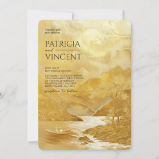 Couple in Mountain Scenery on Golden - Wedding Invitation