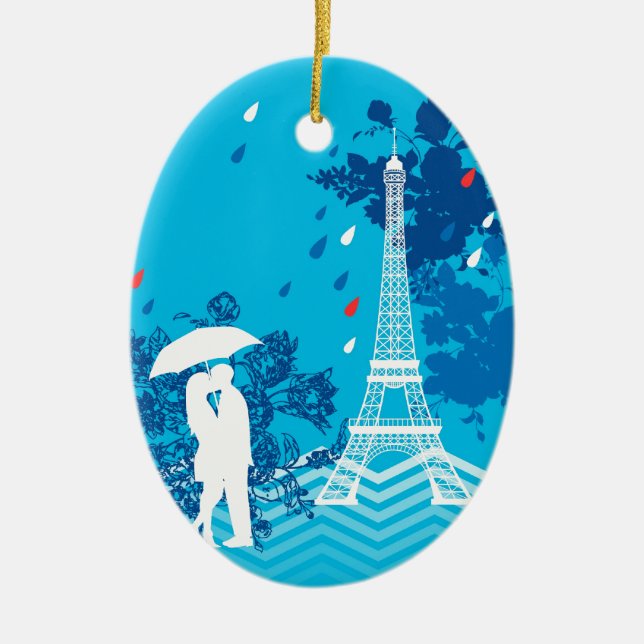 Couple in Paris with Eiffle Tower Ceramic Tree Decoration (Front)