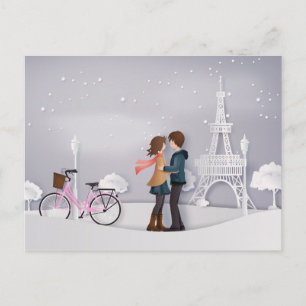 Couple in Snowy Paris with Eiffel Tower Postcard