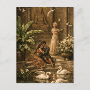 Couple In Swan Garden Retro Orientalism Holiday Postcard