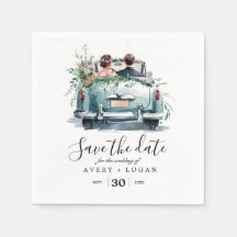 couple in vintage car watercolor save the date