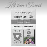 Couple kitchen est date coffee photo grey tea towel<br><div class="desc">Transform your kitchen with our personalised Kitchen towel! Featuring names, year of establishment, and the charming phrase "Coffee and Tea Served Daily, " this towel is a cosy and functional addition. Perfect for wiping, displaying, or gifting, it adds a warm, personalised touch to your space. Pair it with a photo...</div>