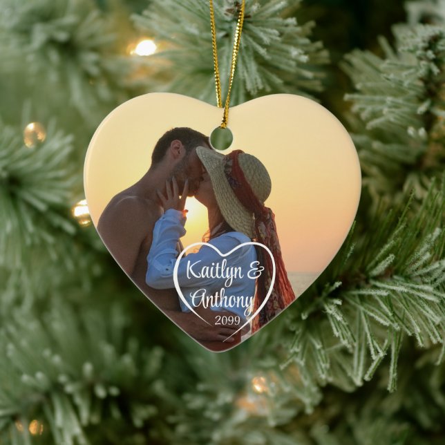 Couple Love Heart Photo Names Ceramic Tree Decoration (Tree)