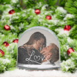 Couple Love Heart Script Photo<br><div class="desc">Celebrate your special bond with this Couple Love Heart Script Photo Snow Globe, featuring elegant flowing calligraphy script that spells out “Love” in a romantic, modern style. This personalised snow globe offers two customisable photo areas—front and back—making it perfect for capturing cherished memories together. An ideal gift for an engagement,...</div>