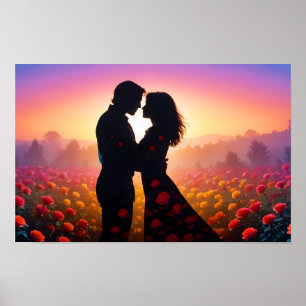 Couple Love Romantic Sunset Silhouette Wedding Poster