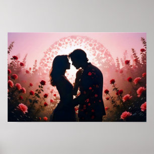 Couple Love Romantic Sunset Silhouette Wedding Poster