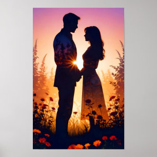 Couple Love Romantic Sunset Silhouette Wedding Poster