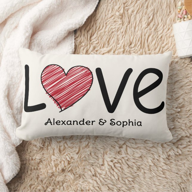Couple Love Scribble Heart Modern Black & Red Lumbar Cushion (Blanket)