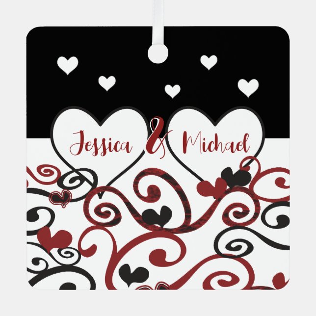 Couple Married Date Newlywed Swirly Love Hearts Metal Tree Decoration (Front)