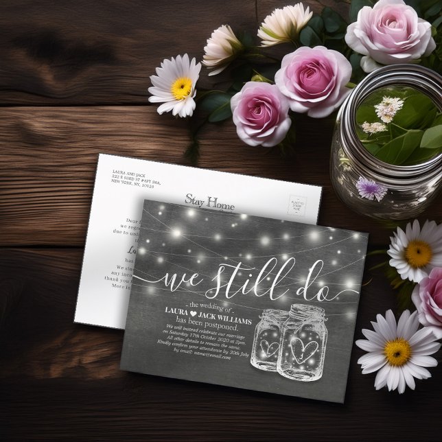 Couple Mason Jars We Still Do Wedding Postponement Announcement Postcard (Creator Uploaded)