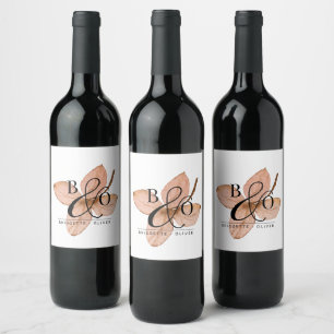 Couple Modern Monogram On Rustic Watercolor Leaf Wine Label