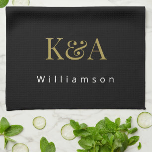  Couple Monogram Black Gold White Modern Minimal  Tea Towel