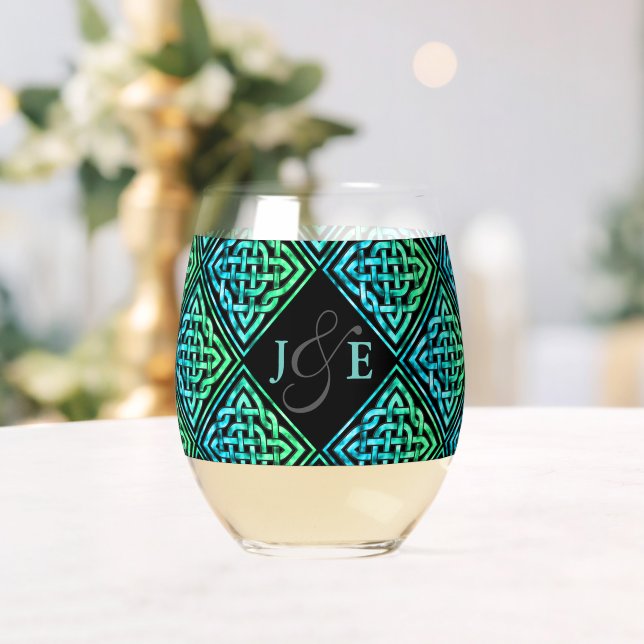 Couple Monogram Celtic Blue Green Wine Glass (Insitu (Wedding))