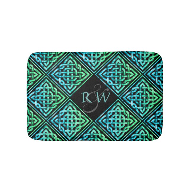 Couple Monogram Celtic Knot Blue Green Bath Mat (Front)