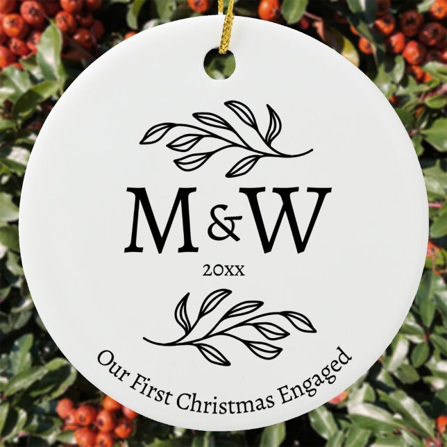 Couple Monogram First Christmas Engaged Ceramic Tree Decoration (Couple monogram initials custom text date first Christmas engaged ceramic ornament)