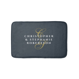 Couple Monogram Navy Blue Gold White Minimalist Bath Mat