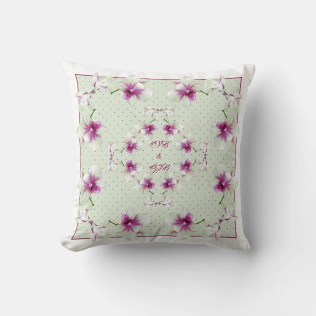 Couple Monogram Red Green Orchids Pillow (Front)