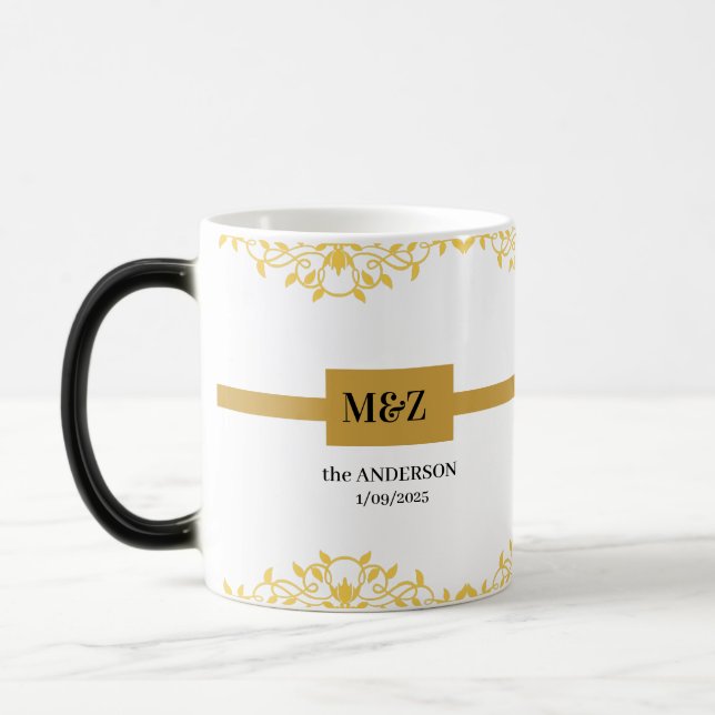 Couple Monogram wedding date decorative boarder Magic Mug (Left)