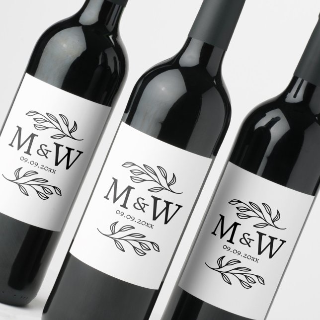 Couple Monogram Wedding Date Elegant Botanical Wine Label (Modern wedding couple monogram initials date wine bottle label)