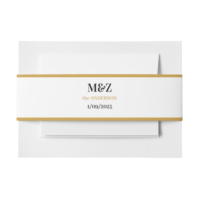 Couple Monogram wedding date simple golden boarder Invitation Belly Band (Front Example)