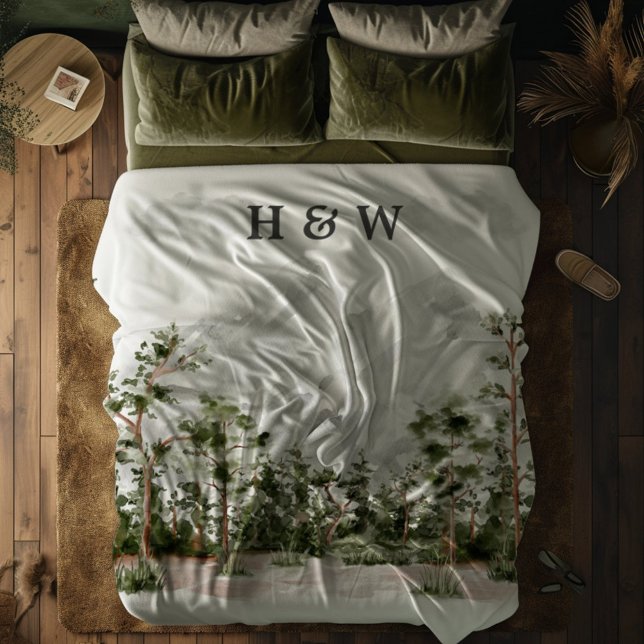 Couple Monogrammed Watercolor Mountain and Forest Fleece Blanket (In situ bedroom)