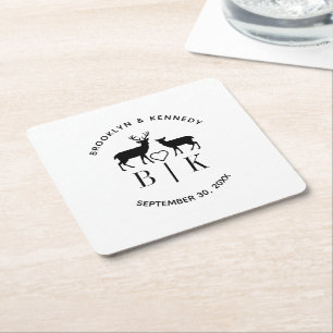 Couple Name Deer Monogram Rustic Country Wedding Square Paper Coaster